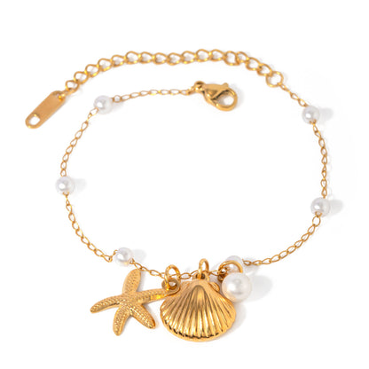 Fashion Jewelry 18K Gold Stainless Steel Pearl Chain Shell Starfish Pendant Bracelet