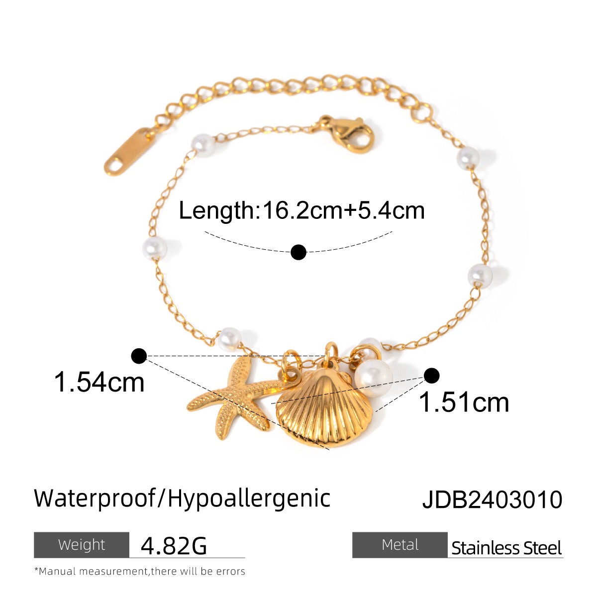 Fashion Jewelry 18K Gold Stainless Steel Pearl Chain Shell Starfish Pendant Bracelet