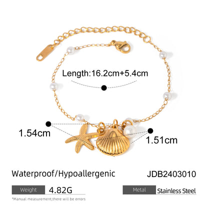 Fashion Jewelry 18K Gold Stainless Steel Pearl Chain Shell Starfish Pendant Bracelet